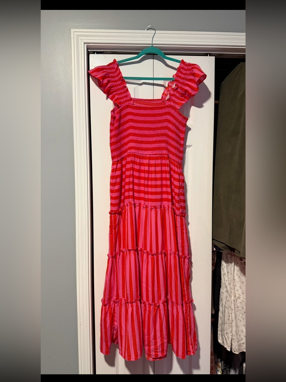 NWOT Pink and Red Striped Ruffle-Sleeve Maxi Dress